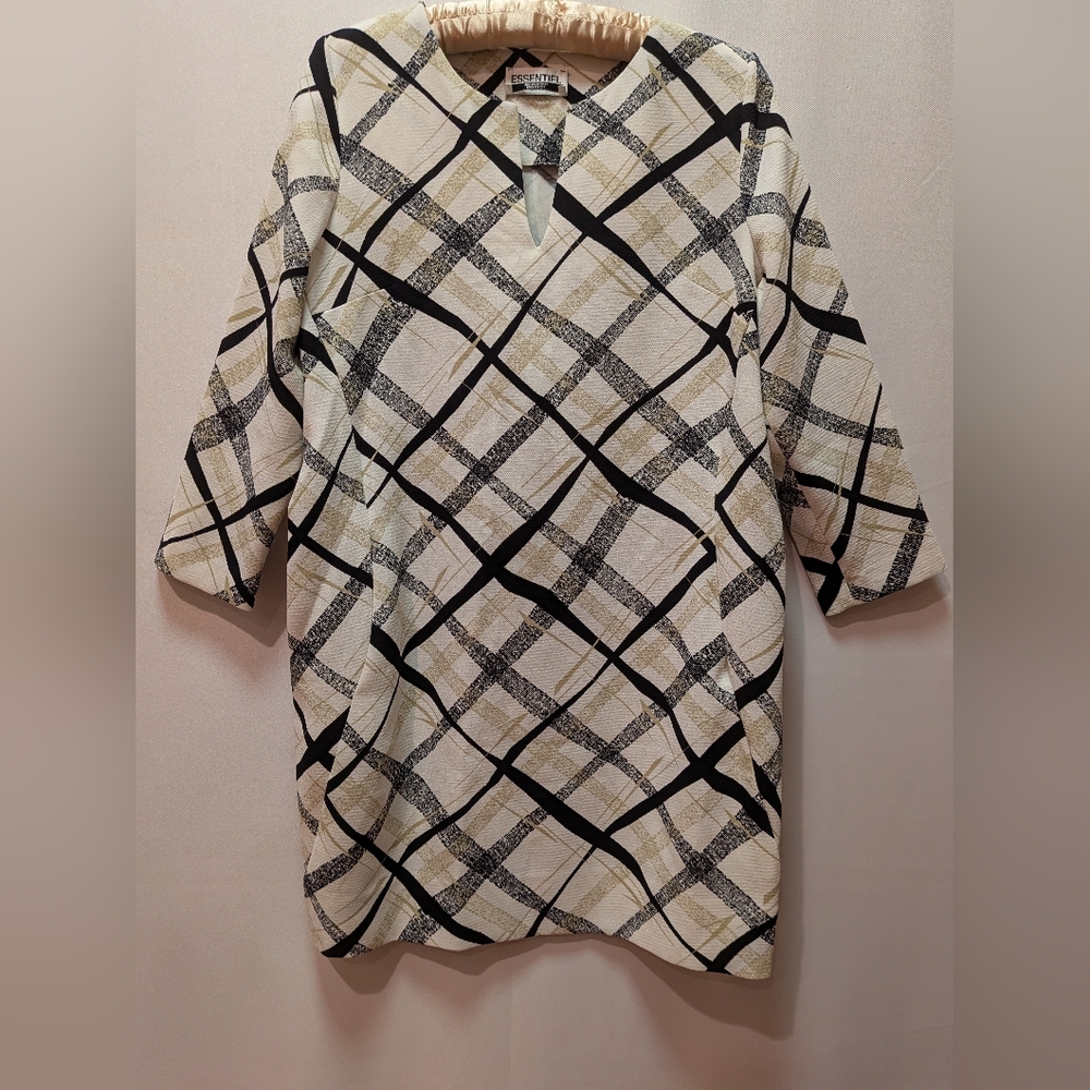 Textured Plaid Dress or Tunic Top in Cream, Black & Gold
